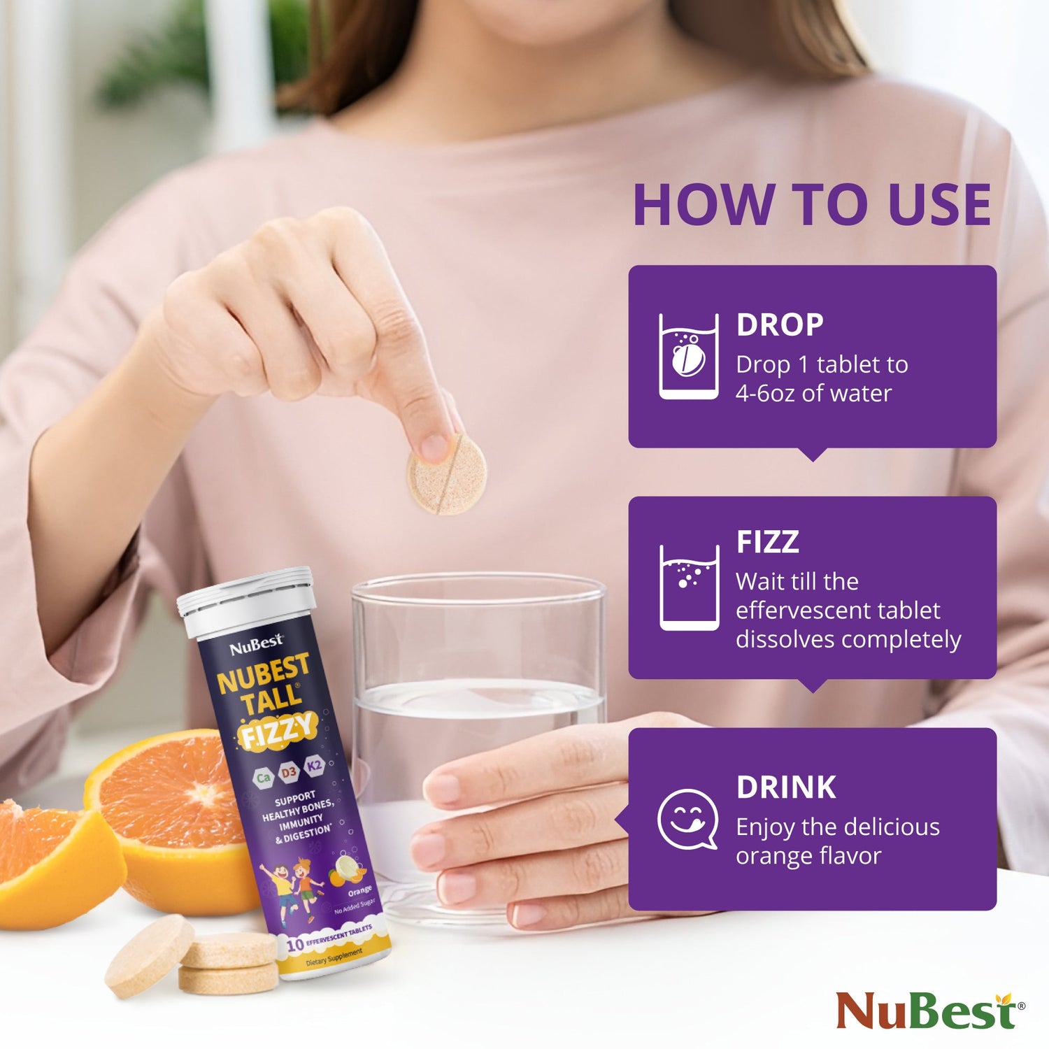 NuBest Tall Fizzy – Height Growth &amp; Bone Strength, Orange Flavor, 10